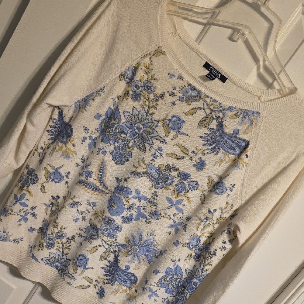 Chaps Cream and Blue Floral Sweater